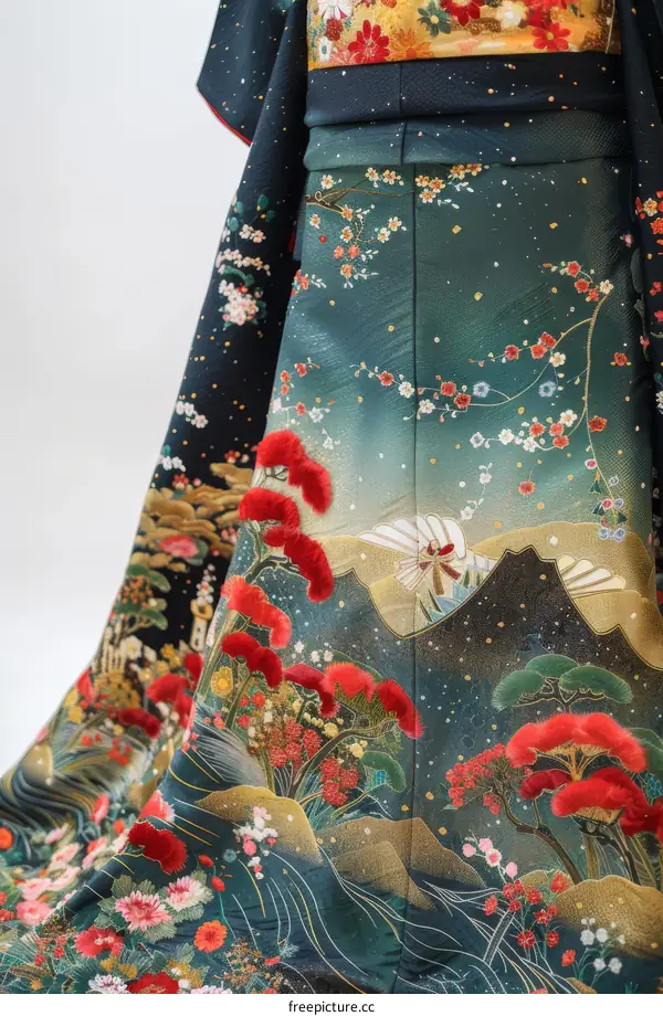 Close Up of Traditional Japanese Kimono Fabric with Detailed Embroidery