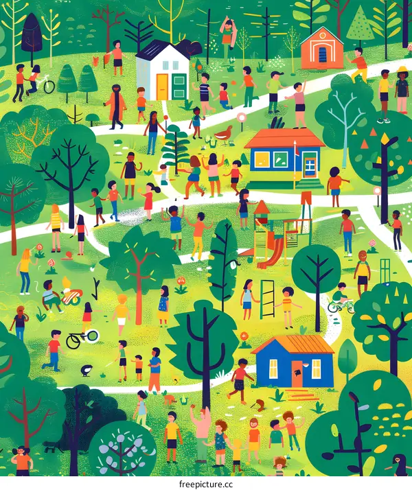 Kids Playing in a Colorful Park with Multiple Houses and Trees