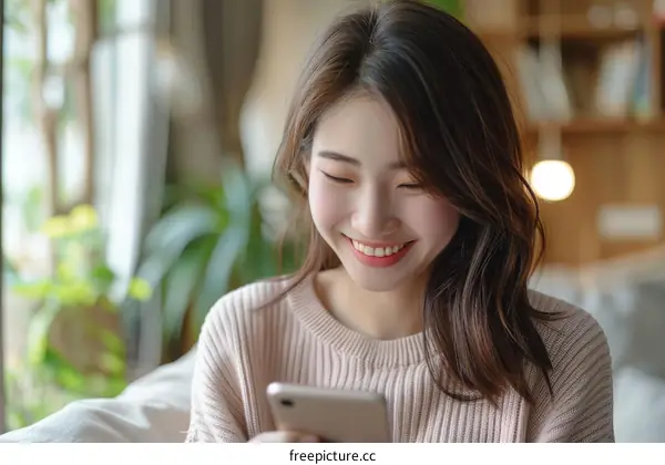 Asian woman smiling while looking at her phone
