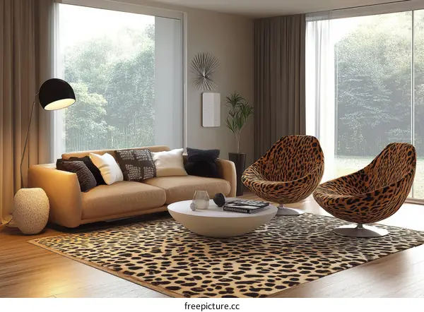 Modern Living Room with Leopard Print Rug and Chairs