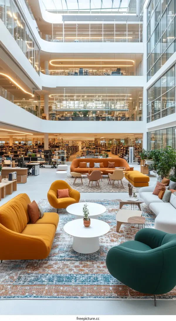Modern Open-Plan Office Lounge Area with Multi-Level Structure