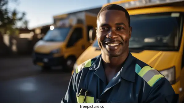 Portrait of a smiling African American man in a blue uniform standing in front of a yellow truck