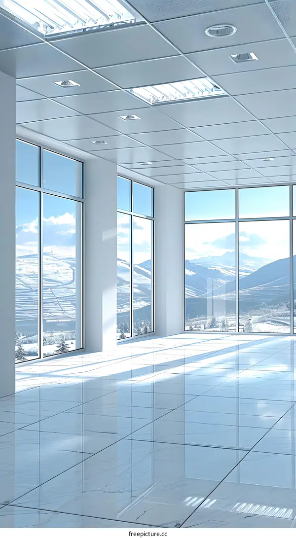Modern Empty Office Room With Large Windows And Snowy Mountain View