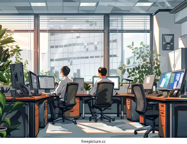 Modern Office Interior Design with Two People Working on Computers