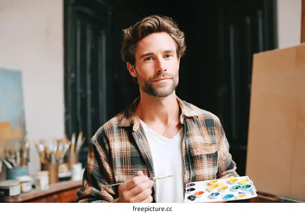 Artist with Colorful Paint Palette in Studio