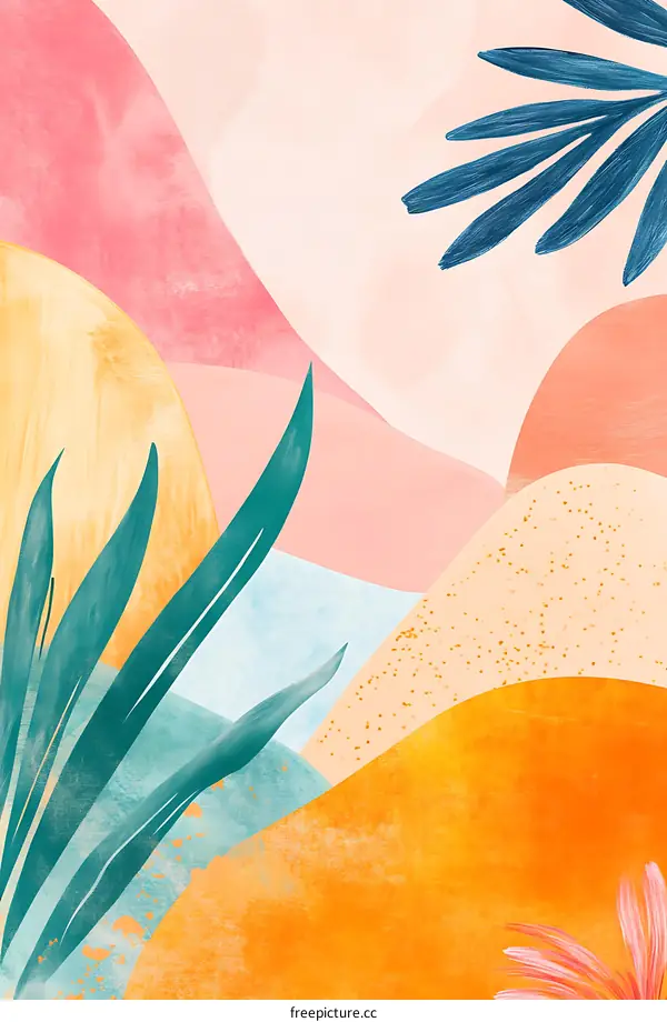 Abstract Watercolor Landscape With Tropical Leaves