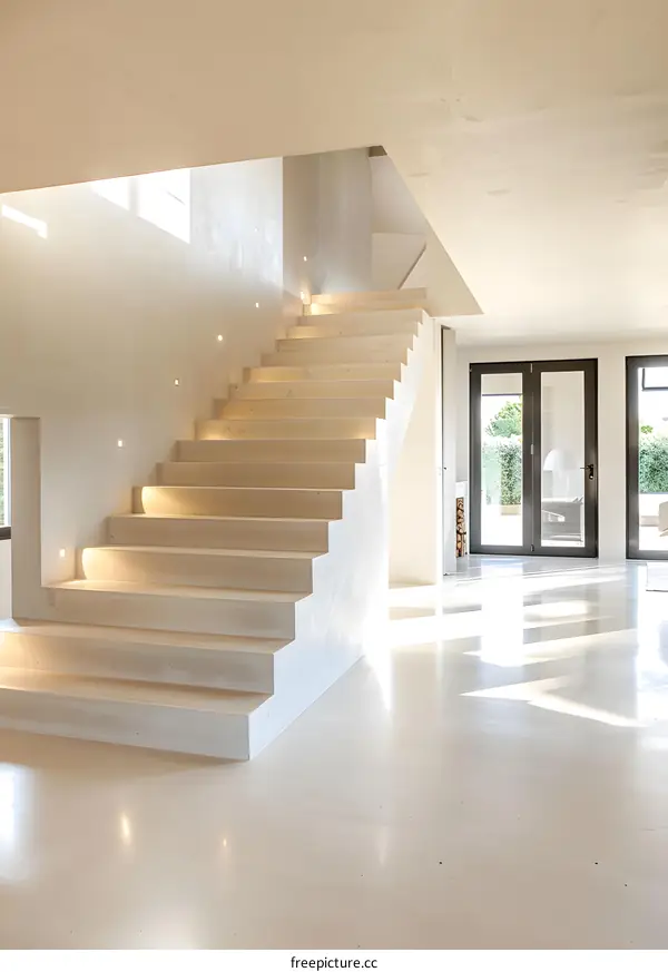 Modern Minimalist Staircase Design With White Walls and Lighting