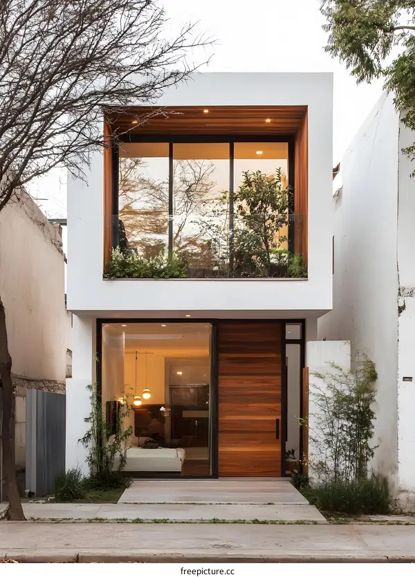 Modern House with Wooden Door and Large Windows