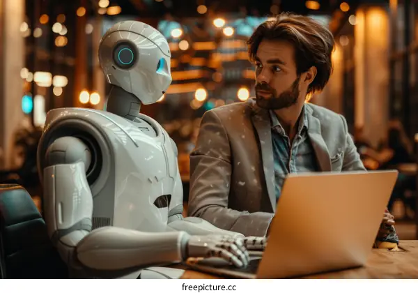 Man and Robot Sitting at Table Looking at Each Other