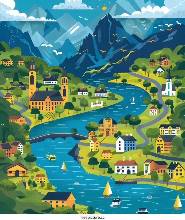 Illustrated European Town Landscape With River And Mountains
