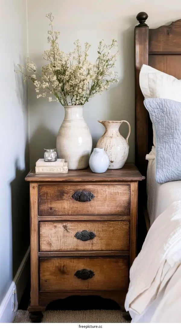 Rustic Wooden Nightstand with Floral Arrangement