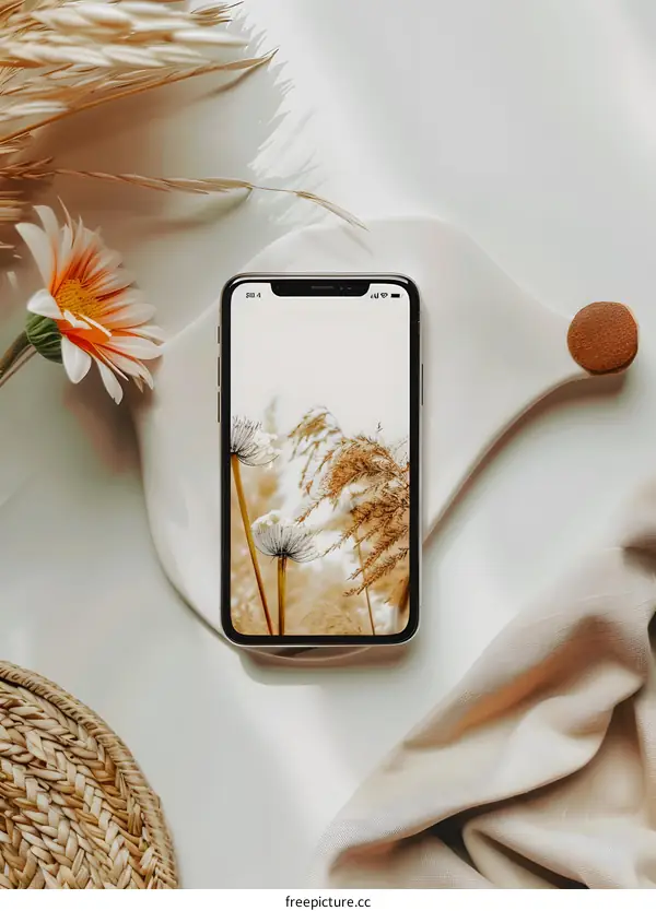 Minimalist Phone Aesthetic with Dried Flowers and a Light Background