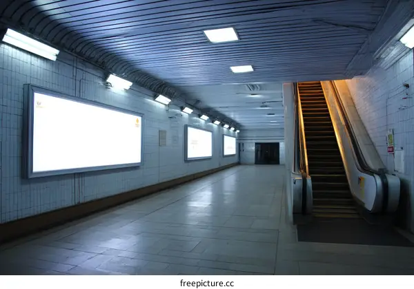 Underground Subway Passageway with Escalator and Blank Ads