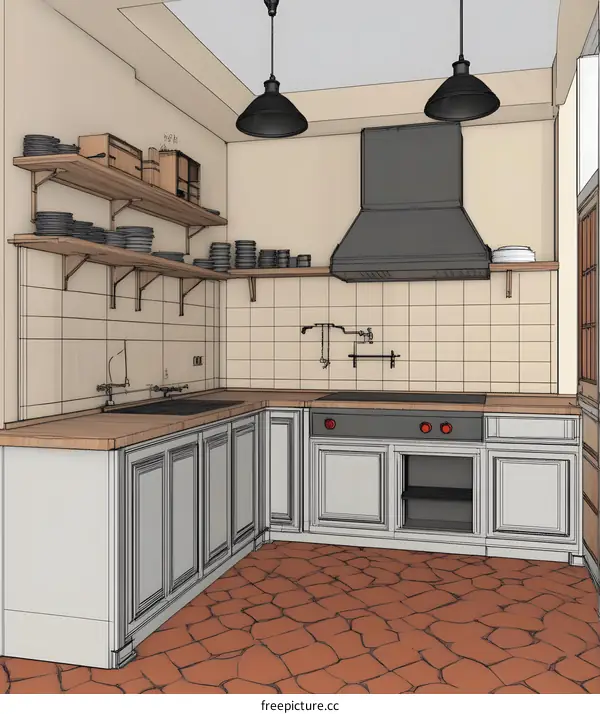 Kitchen Interior Design Illustration with Wooden Cabinets and Tile Floor