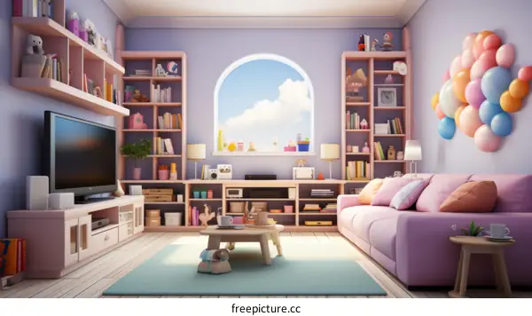 A cozy living room with a large window, a sofa, a coffee table, a TV, and bookshelves.