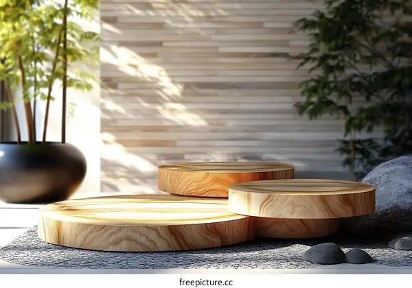 Wooden Display Platforms in a Zen-like Setting