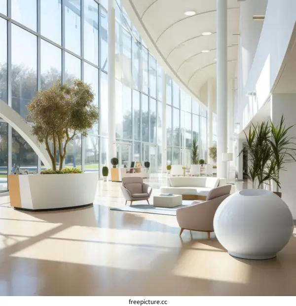 Office interior with large windows and plants