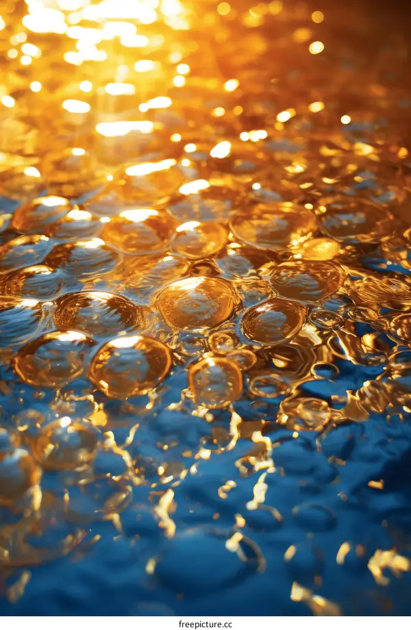 Close-up of water droplets on a blue surface with a golden reflection