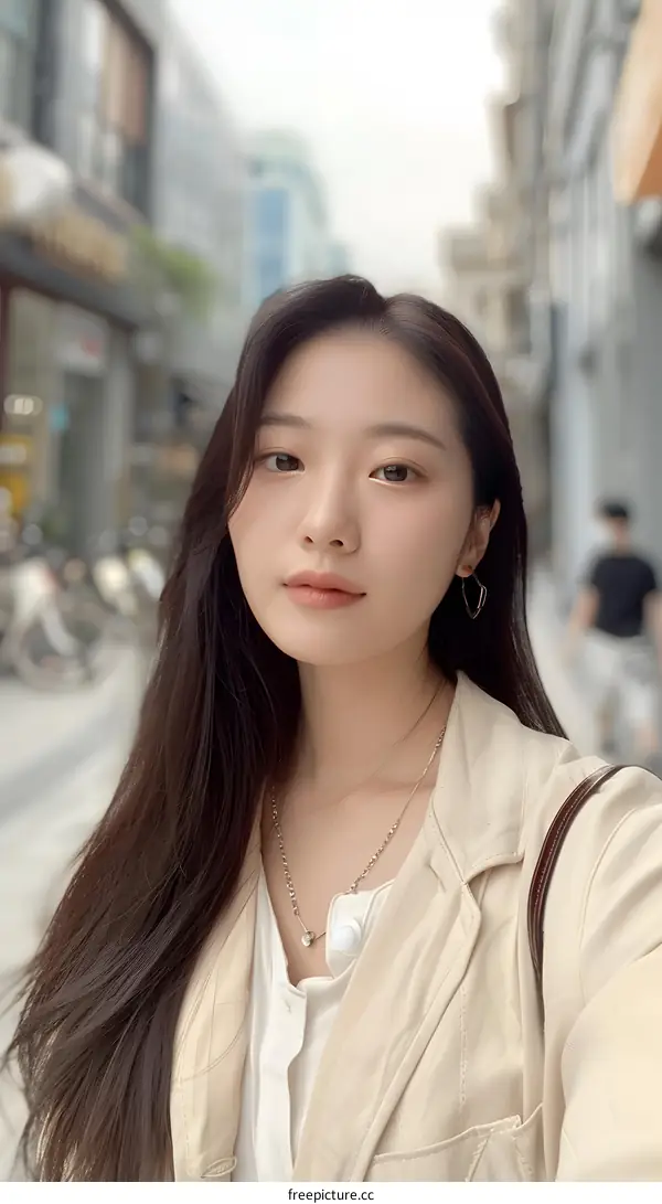 Asian Woman Wearing a Beige Blazer in the City