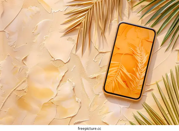 Palm Leaves and Smartphone on a Textured Background