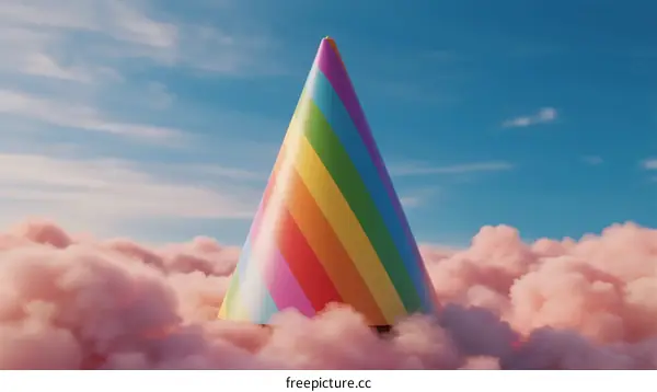 Colorful Rainbow Cone Floating on Fluffy Pink Clouds Under Blue Sky