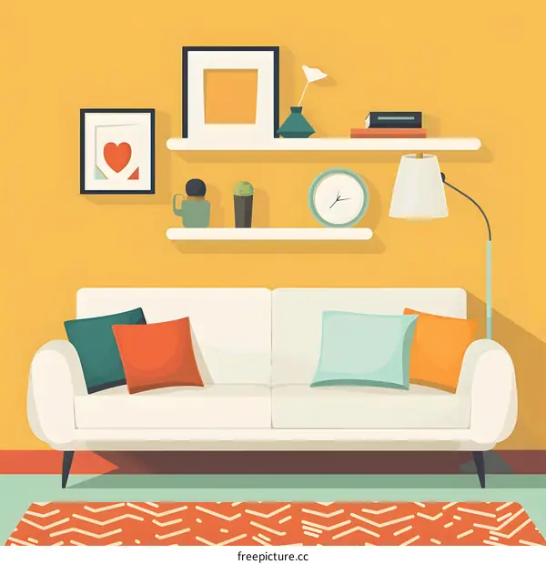 Modern Living Room Interior Design with White Sofa and Yellow Wall