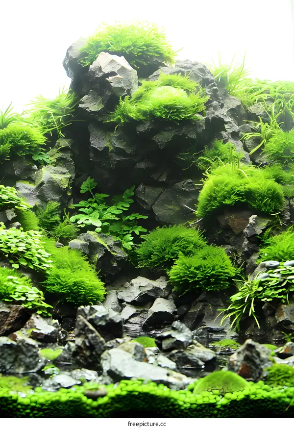Green Moss and Rocks in a Small Water Feature