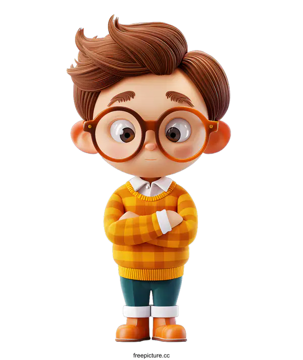 [Transparent Background PNG]3D Boy With Glasses And Arms Crossed