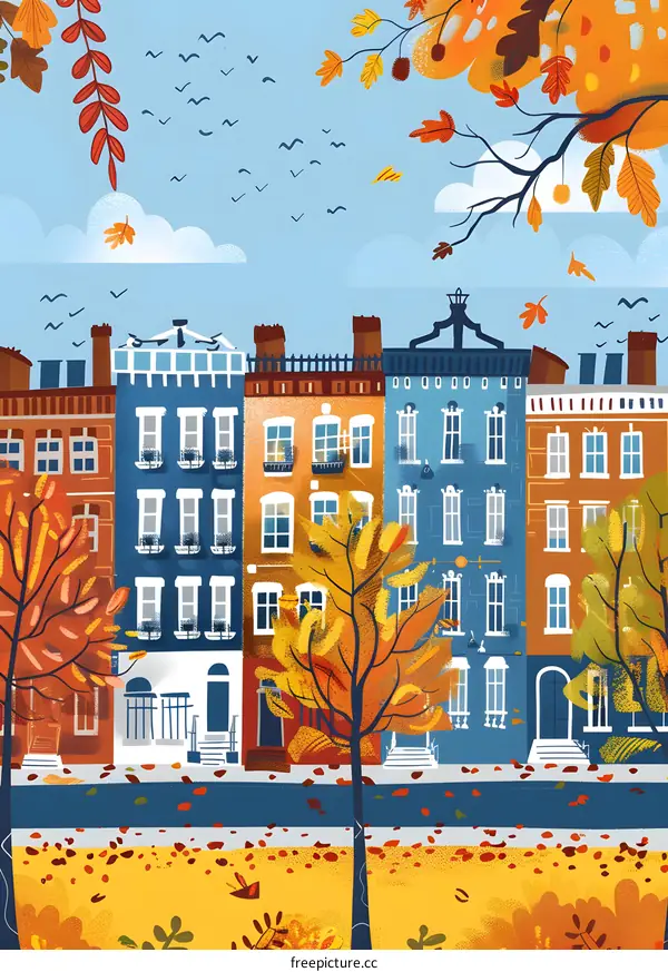 Autumn Cityscape with Colorful Buildings and Falling Leaves