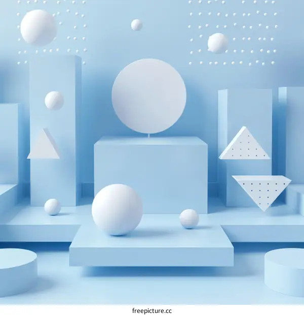 Blue geometric shapes composition with podiums and spheres