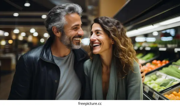 Happy couple grocery shopping together