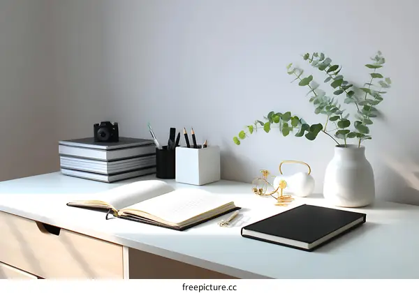 Minimalist Workspace with Eucalyptus and Notebooks