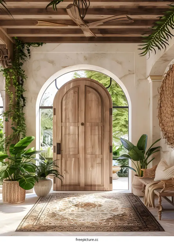 Wooden Doorway with Arched Entrance and Greenery