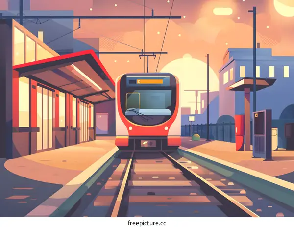 Train Station at Sunset with a Red Train