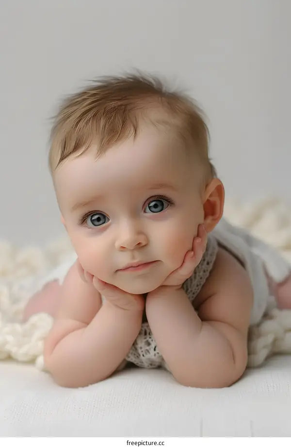 An adorable baby girl with blue eyes and blonde hair is resting her head on her hands