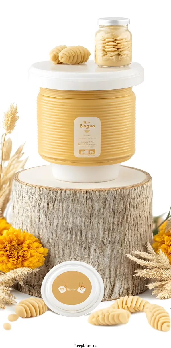 Organic Baby Food in Glass Jar on Wooden Stump