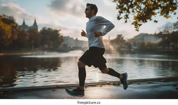 Man Running by the River in the City