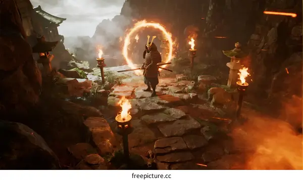 Mysterious warrior with glowing circle in ancient mountain path