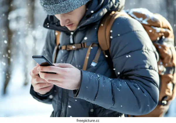 Winter Snowfall Outdoors Man Using Mobile Phone