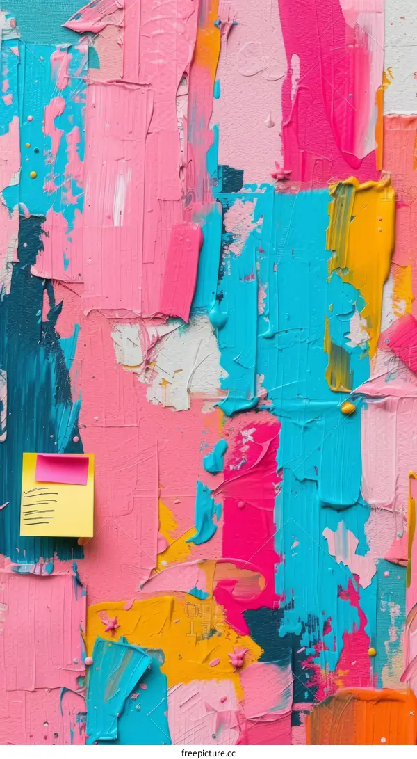 Colorful abstract painting with pink, blue, and yellow paint