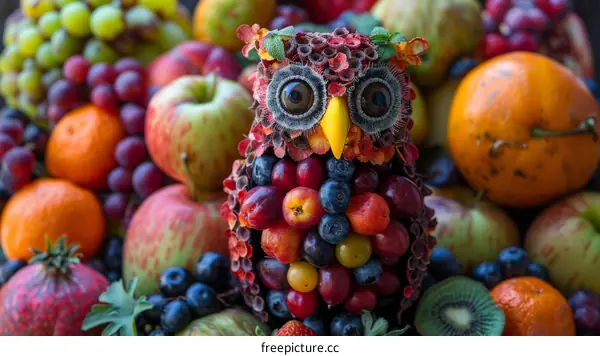 A cornucopia of fruits and vegetables in the shape of an owl