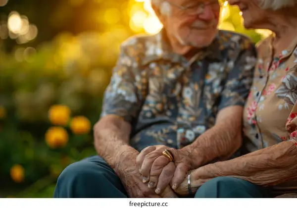 An elderly couple is holding hands in a garden