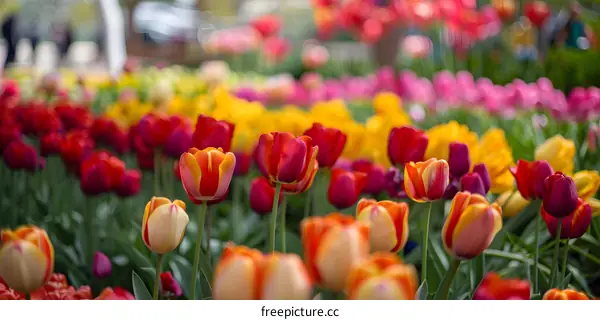 Colorful Tulips Blooming in a Garden