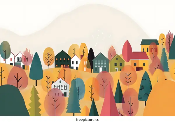 Autumn Landscape with Houses and Trees