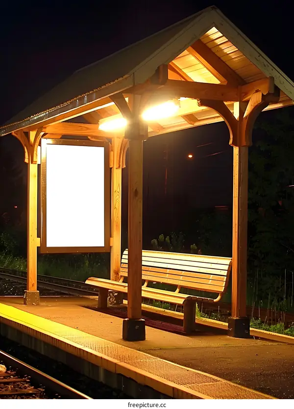 Empty Train Station Bench at Night
