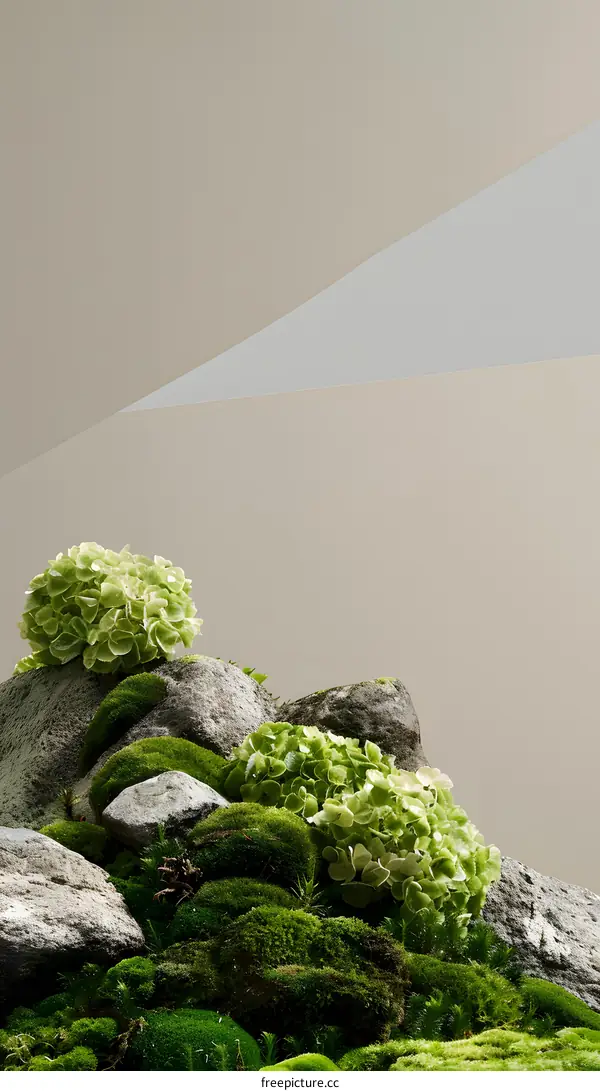 Green Moss And Rocks With A Pale Grey And Beige Background