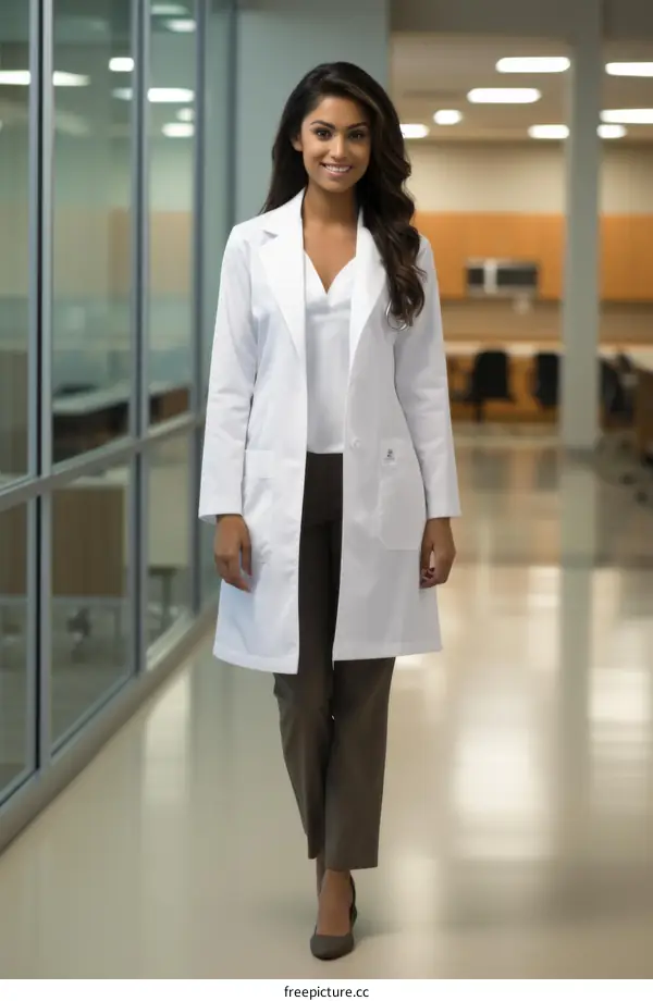 A female doctor wearing a lab coat is walking down a hospital hallway