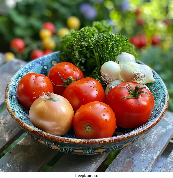 Fresh Vegetable Bowl: Tomatoes, Onions, and Parsley