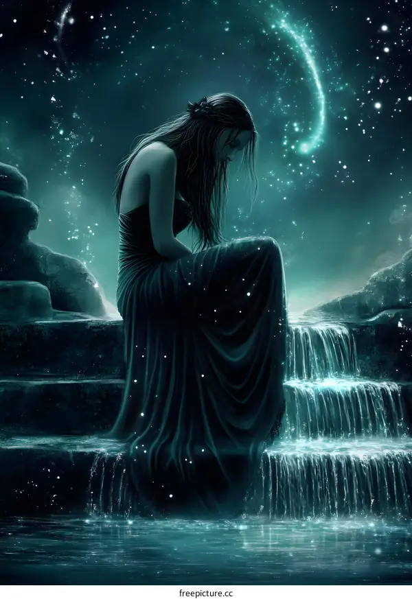 Lonely Woman Sitting by a Waterfall Under a Starry Sky