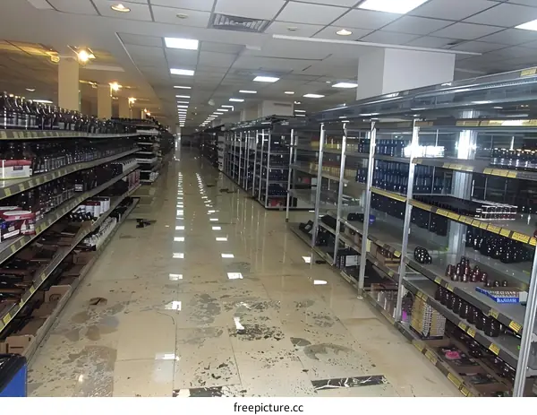 Flooded Supermarket Aisle With Shelves Full Of Products